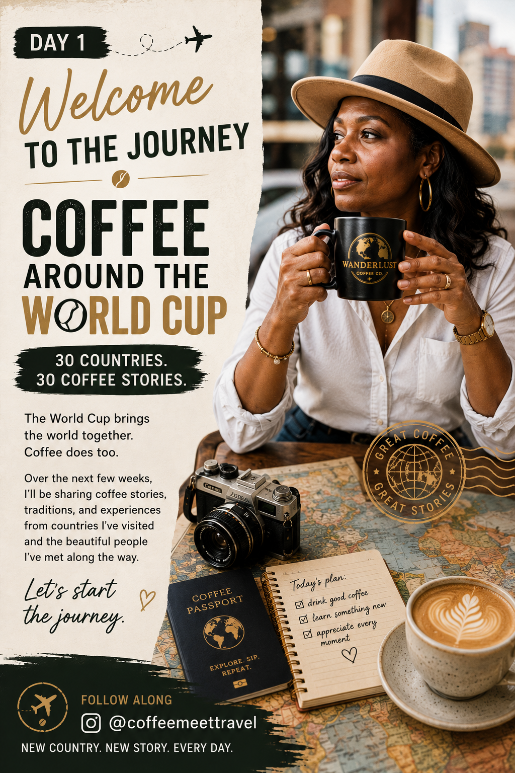 woman with a coffee cup and passport, travel map