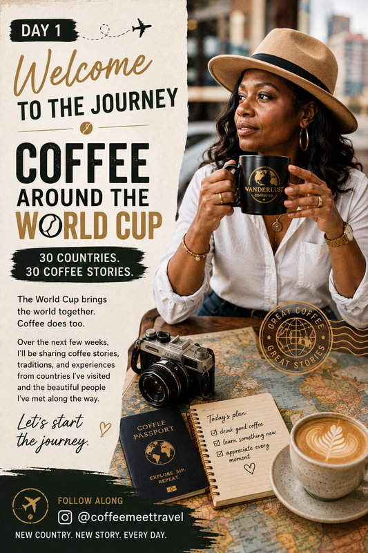 woman with a coffee cup and passport, travel map